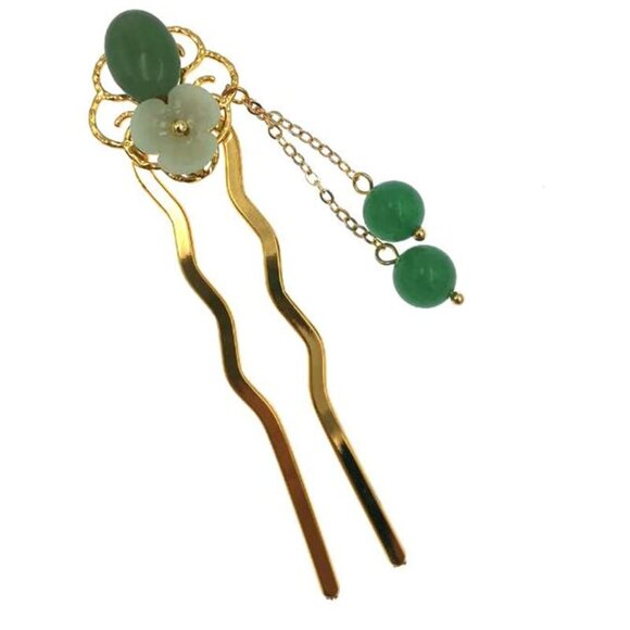Jade Flower Hair Pins Women Girls Hair Stick Retro Hanfu U Shape Accessories - Picture 2 of 9
